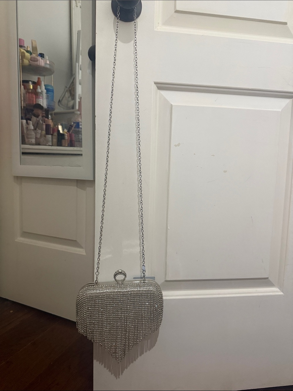 Silver Rhinestone Fringe Evening Bag with Chain Strap